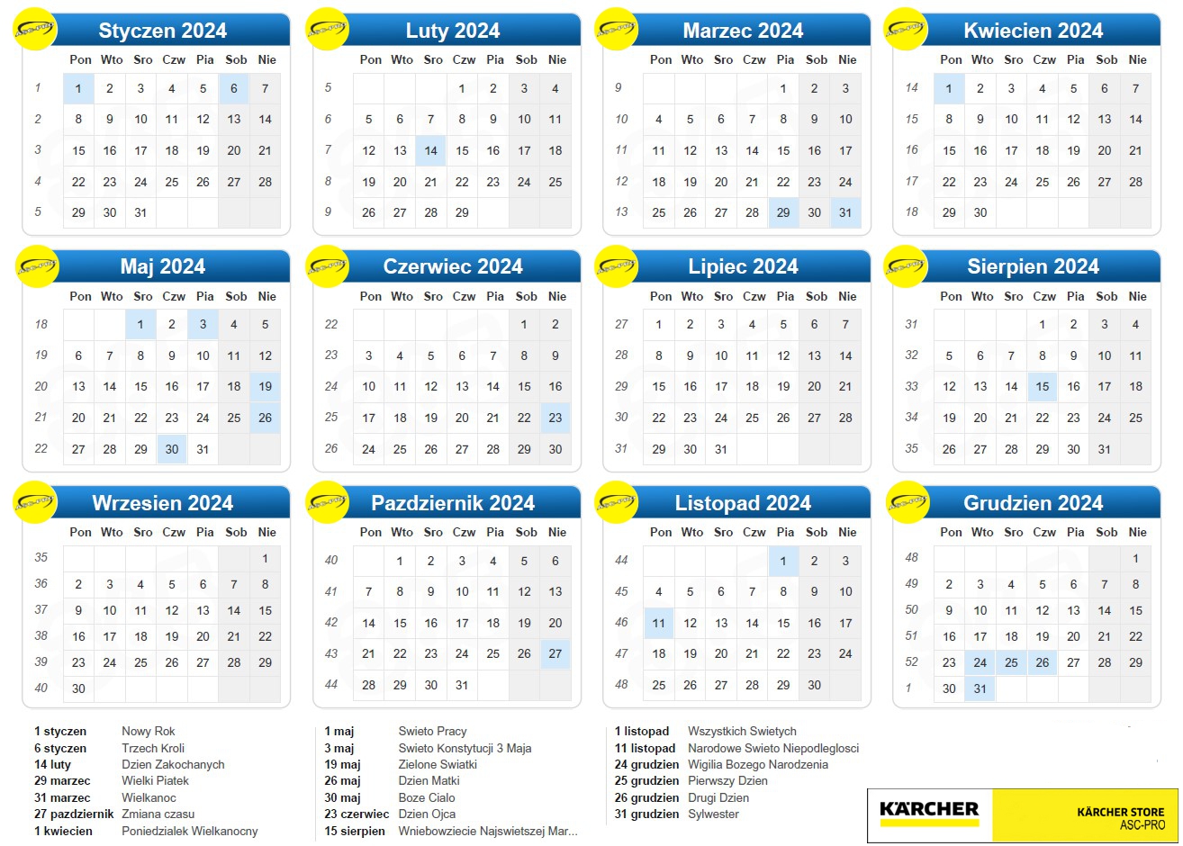 kalendarz 2024 z podziałem na tygodnie i dni wolne